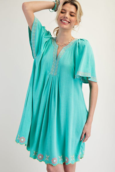 Embroidered Linen Dress - Atlantis Green