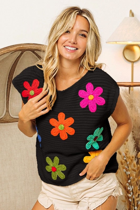 Crochet Flower Embroidery Knit Top - Black Multi