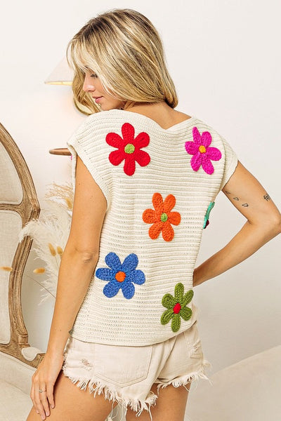 Crochet Flower Embroidery Knit Top - Ivory Multi