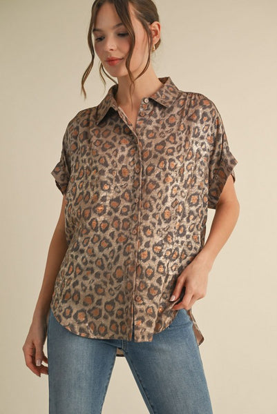 Leopard Print Collared Button Up Top- Toffee