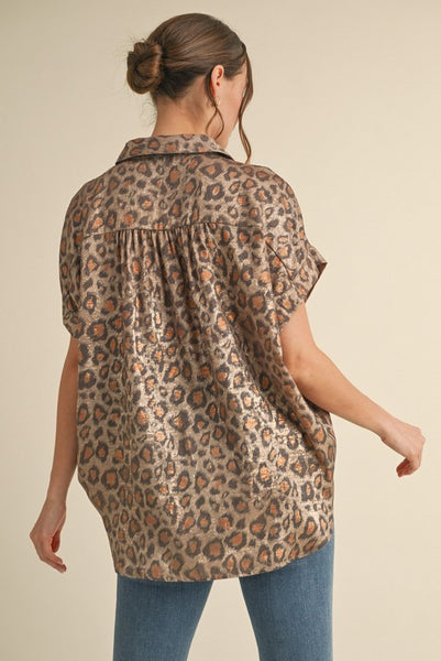 Leopard Print Collared Button Up Top- Toffee