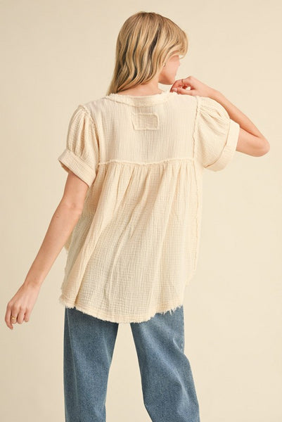 Textured Fabric Frayed Top - Natural