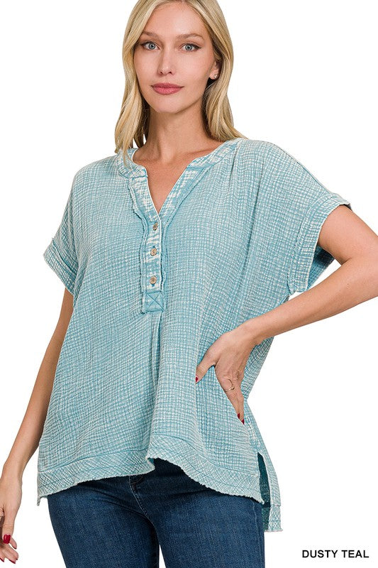 Gauze Raw Edge Short Sleeve Top - Dusty Teal
