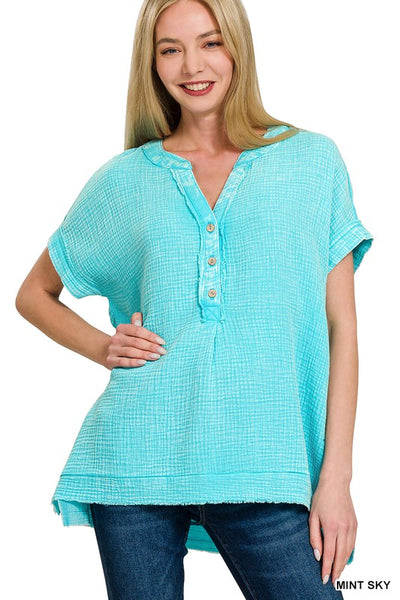 Gauze Raw Edge Short Sleeve Top - Mint Sky