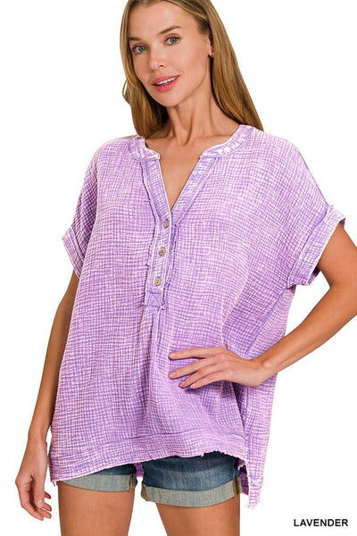 Gauze Raw Edge Short Sleeve Top - Lavender - SALE