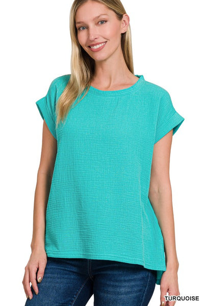 Folded Short Sleeve Top - Turquoise