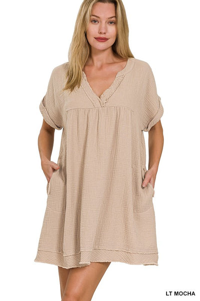 Gauze V-Neck Dress - Light Mocha
