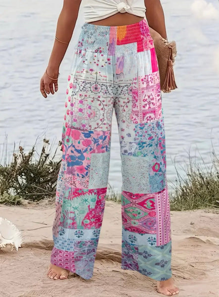 Bohemian Printed Wide Leg Pants - Pink Multi