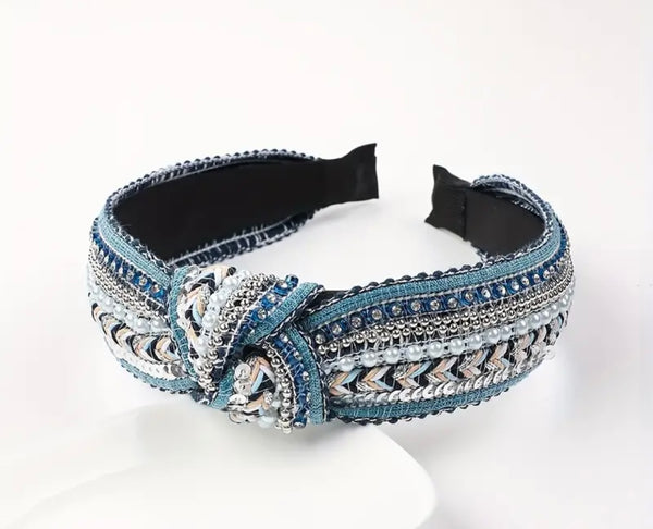 Knotted Sequin Headband - Blue