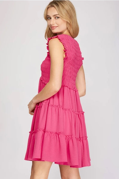 Ruffled Sleeve Smocked Dress - Hot Pink