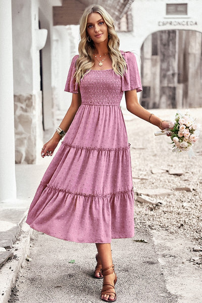 Smocked Tiered Midi Dress - Purple