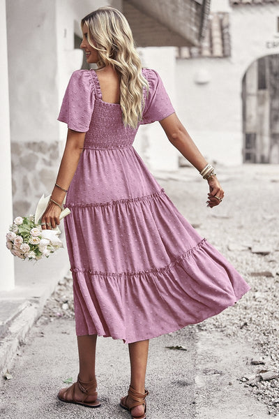 Smocked Tiered Midi Dress - Purple