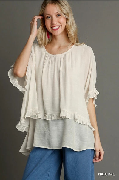 Layered  Tunic Top w/ Ruffle Details - Natural