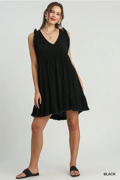 Linen Blend Frayed Sleeveless Dress - Black - SALE