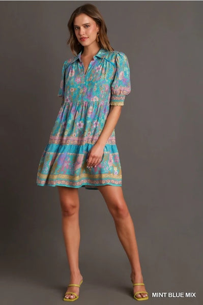 Border Print Collared Dress - Mint Blue