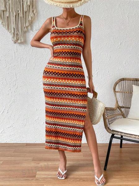 Knit Bohemian Midi Dress - Rust Multi