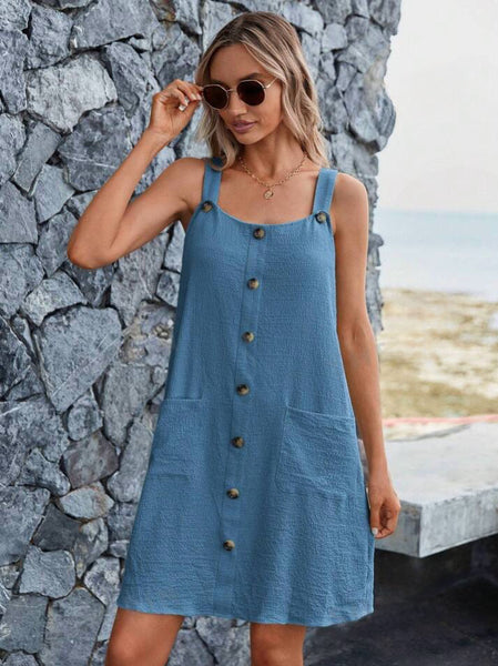 Button Detail Sleeveless Dress - Dusty Blue - SALE