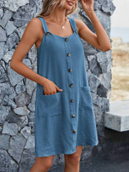 Button Detail Sleeveless Dress - Dusty Blue - SALE