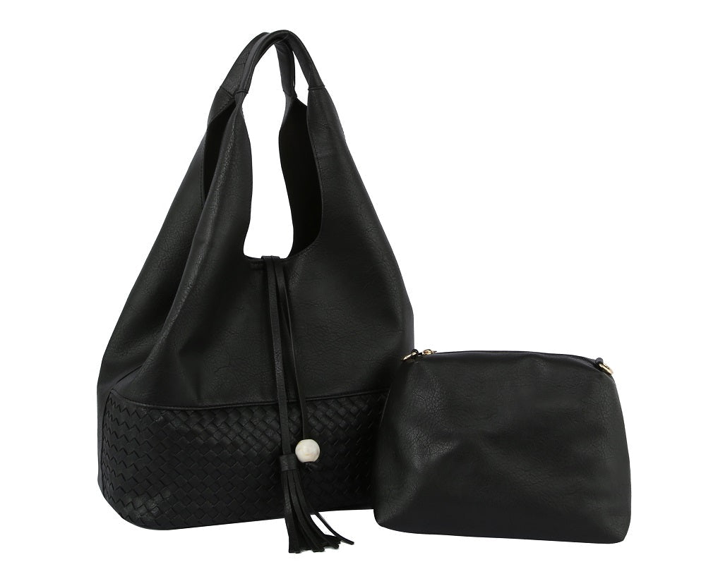 Weaving Detailed 2-in-1 Hobo Shoulder Bag - Black