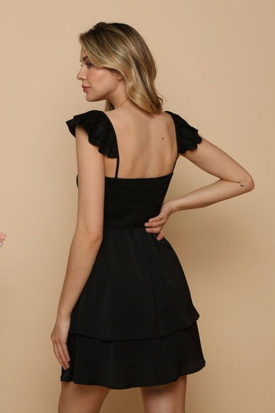 Double Layer Dress w/ Ruffled Shoulder Straps - Black