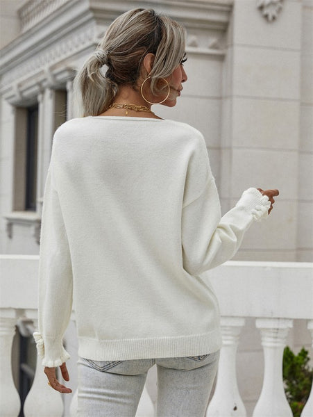 V-Neck Sweater w Button Sleeve Details - Cream
