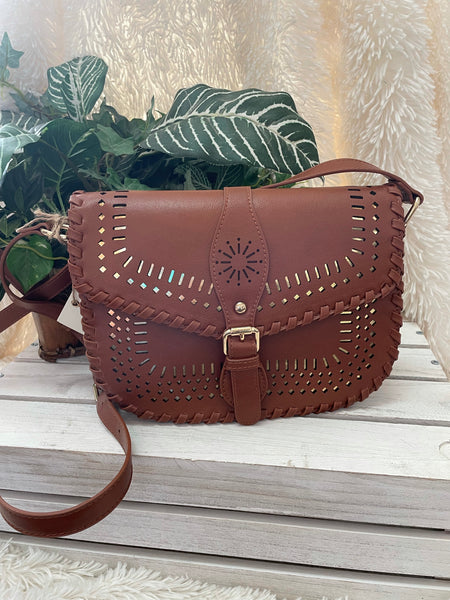 Laser Cut Whipstitch Crossbody Bag - Tan